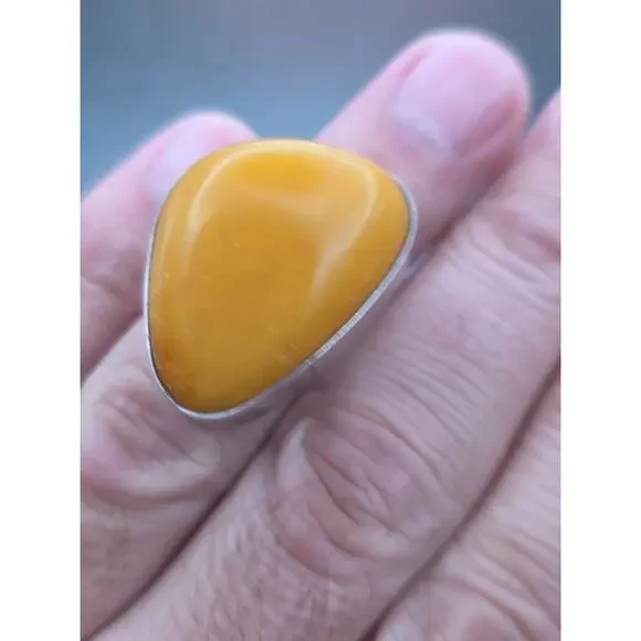 Vintage Sterling Silver 925 Egg Yolk Butterscotch Ring Amber Adjustable Size 9